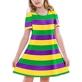 Deerose Girl Mardi Gras Dresses Short Sleeve Purple Green Yellow Stripes Tshirt Dress 3-14 Years