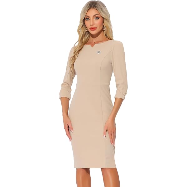 Women's Elegant V-Neck Wrap Dress – Three-Quarter Sleeve Knee-Length Business Casual & Formal Workwear