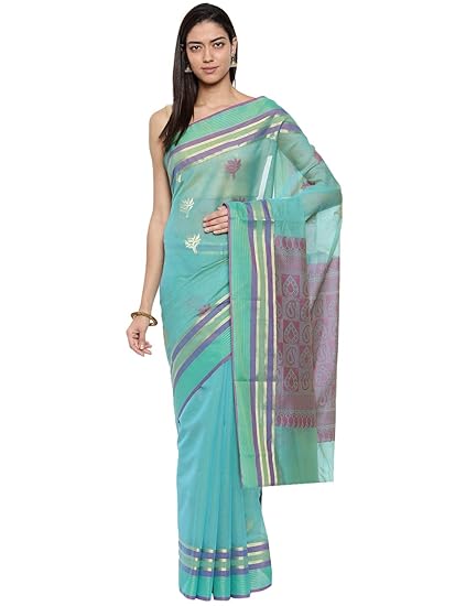 Womens Woven Pure Cotton Saree With Running Blouse (CCOPSC9299_Lagoon Green)