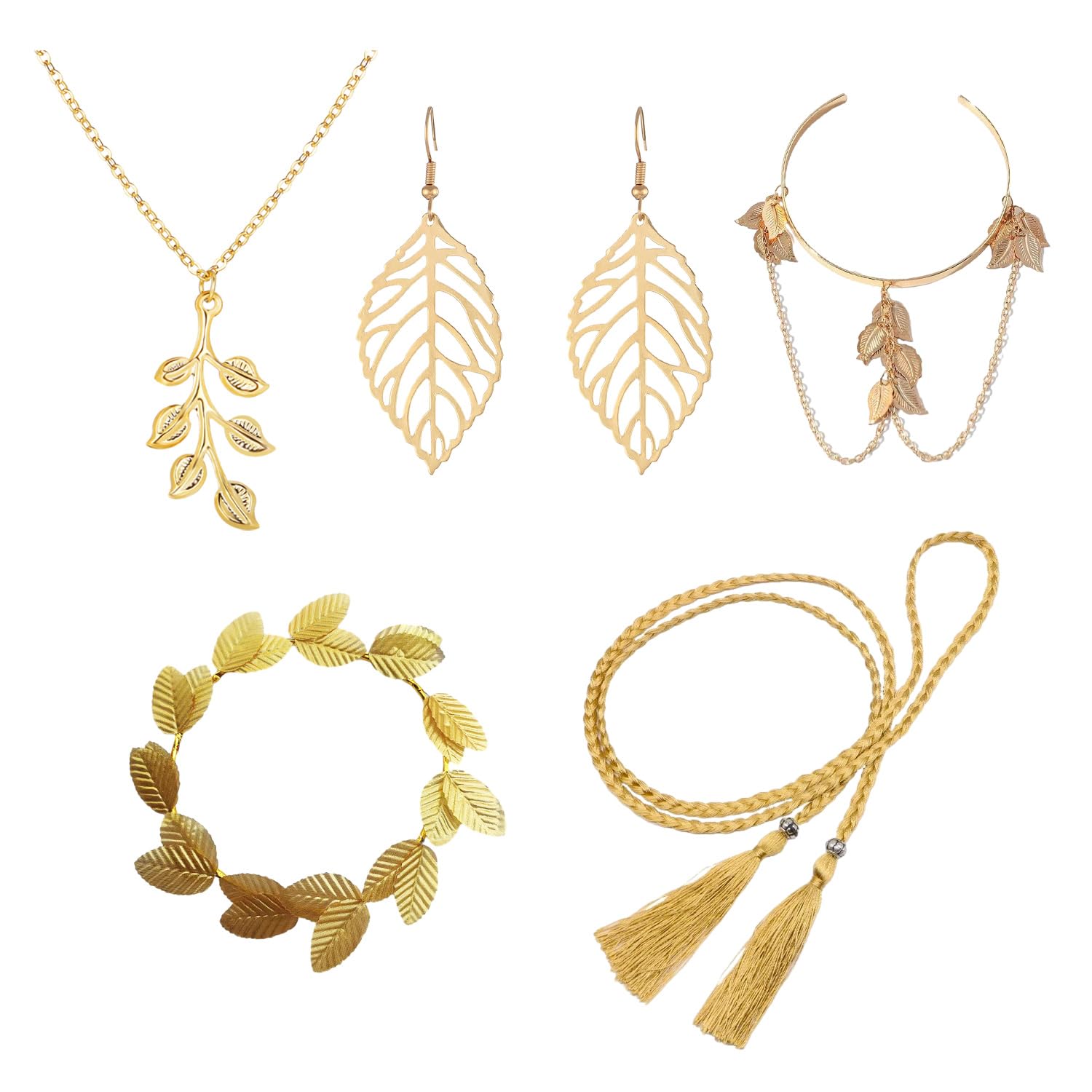 OAAO 5-Piece Goddess Accessories: Greek Goddess Costume Set Including Headband, Earrings, Tassel Belt, Armbands, Necklace - Women's Wedding Party Set
