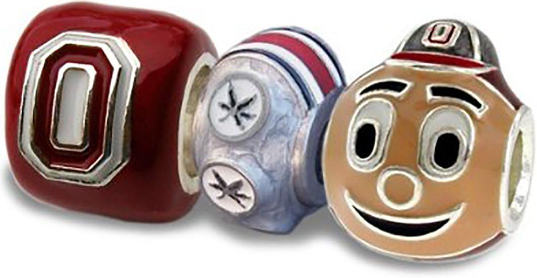 OSU Buckeyes 3-D Charms- Set of 3 - 1 Scarlet Block O + 1 Brutus + 1 6-Leaf Bead