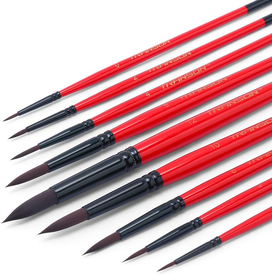 Transon Artist Round Watercolor Brush Set 9pcs Synthetic Sable