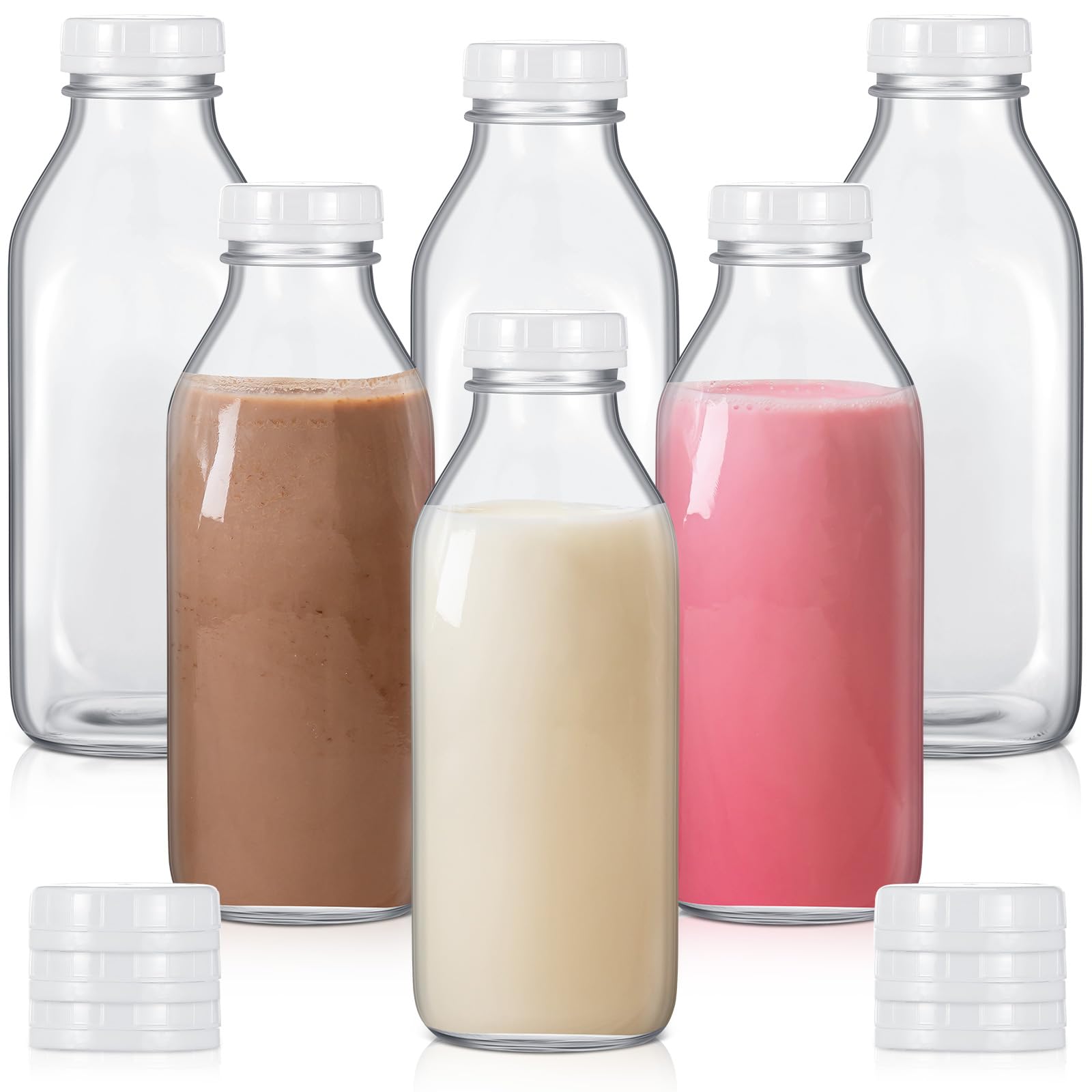 Peryiter 6 Pcs Glass Milk Bottle with Lid Reusable