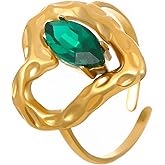PLOUTOS Gold Heart Ring for Women Adjustable Open Band with Emerald Green Marquise Crystal Romantic Sweet Style Vintage Statement Fashion Jewelry Gift