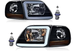 PIT66 LED DRL Headlight Assemblies Compatible with 1997-2002 Ford Expedition/Fit 1998-2003 Ford F150 /2004 F150 Heritage/Fit 1998-1999 F250 Smoky Lens Black Housing Amber Reflctor Headlamp Assemblies