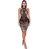 CAUDIO Rhinestone See-Through Off Shoulder Bodycon Dress Halter Neck Sleeveless Nightclub Evening Party Hot Drilling Dresses