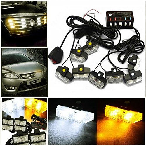 LED Warning Lights, Gliving Car Emergency Hazard Warning Strobe Light Flash Waterproof and Deck Decorative Lights for Front Grille/Deck (White/Amber)