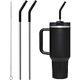 Bluwing Metal Straw with Silicone Tip for 40oz Stanley Cup, 2 Pcs Stainless Steel Straws Replacement for Stanley 40 oz Adventure Quencher Travel Tumbler Cup, 1 Straw Brush (Black)