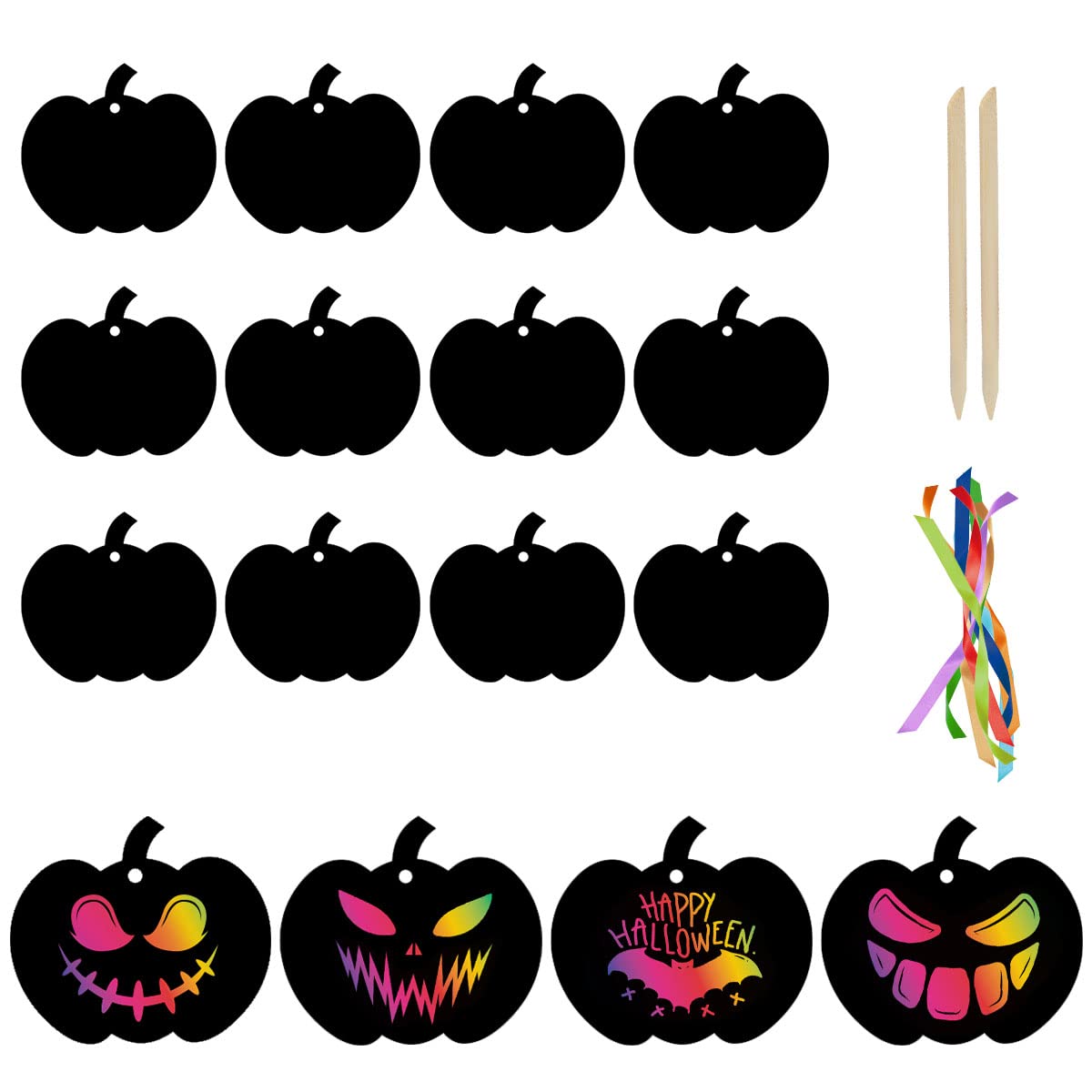 Jagowa 12 Sheet Pumpkin Scratch Art for Kids - Halloween Rainbow Magic Paper - Crafting Off Cards - Black Doodle Pad- Halloween Decorations.