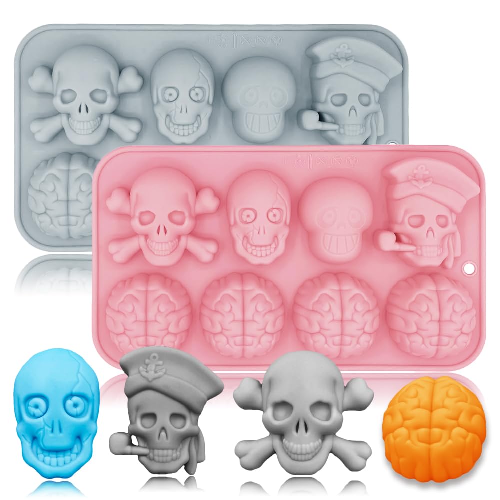 Photo 1 of 2 Pack Halloween Chocolate Molds 3D Skull and Brain Halloween Themed Baking Mould Tray DIY Baking Tool for Chocolate Cake Dessert Candy Mousse Pastry Biscuit Cupcake Topper Halloween Party