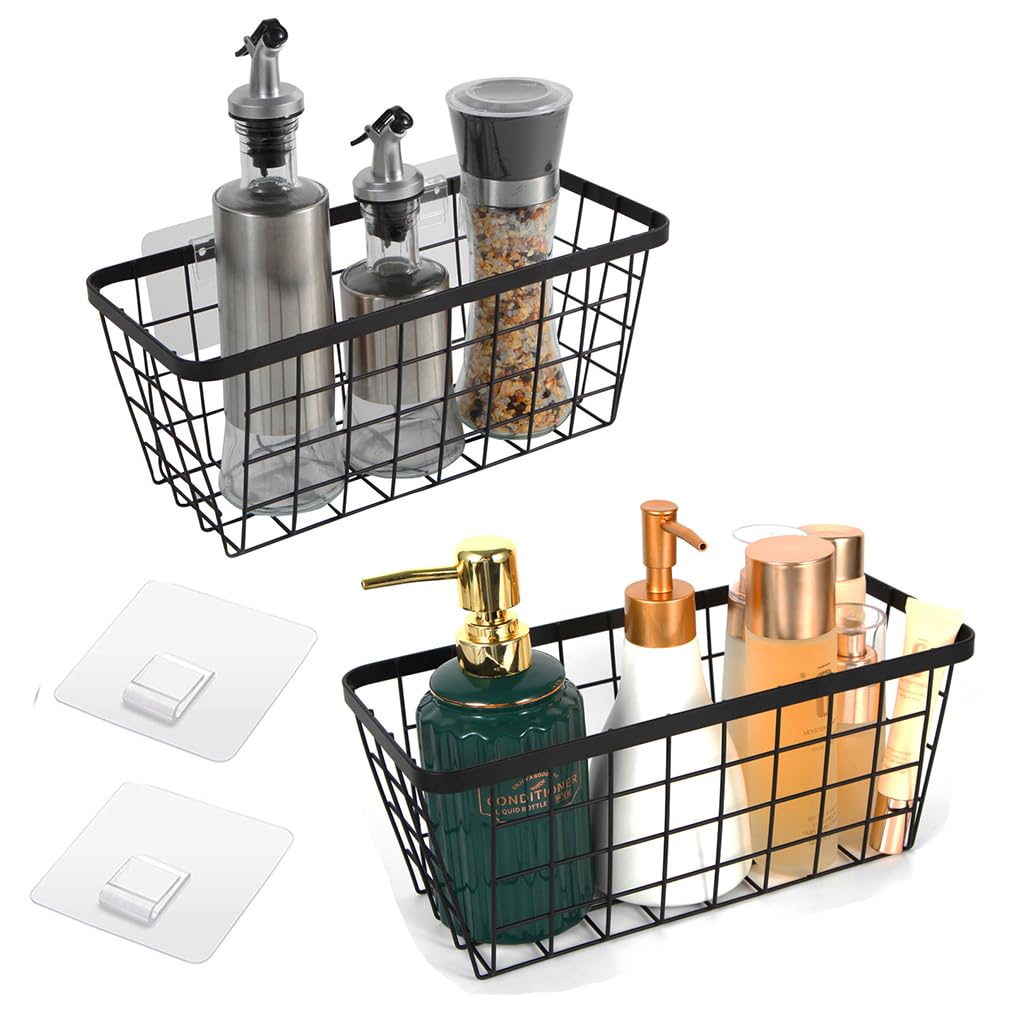 Photo 1 of 2 Pack Hanging Wall Basket Organizer Over the Cabinet Door Wire Baskets for Organizing -Space-Saving Hanging Baskets for Organizing Wall Mount Storage,No Drilling Adhesive Wall Storage Basket, Black