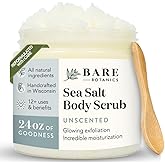 Bare Botanics Unscented Body Scrub 24 oz - Naturally Scented Sea Salt Scrub Made in Madison, WI - Formulated w/Skin Loving Moisturizers - Vegan, Cruelty Free Exfoliator w/a Cute Wooden Spoon