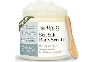 Bare Botanics Unscented Body Scrub 24 oz - Naturally Scented Sea Salt Scrub - Handpoured & Small Batch - Formulated w/Skin Lo