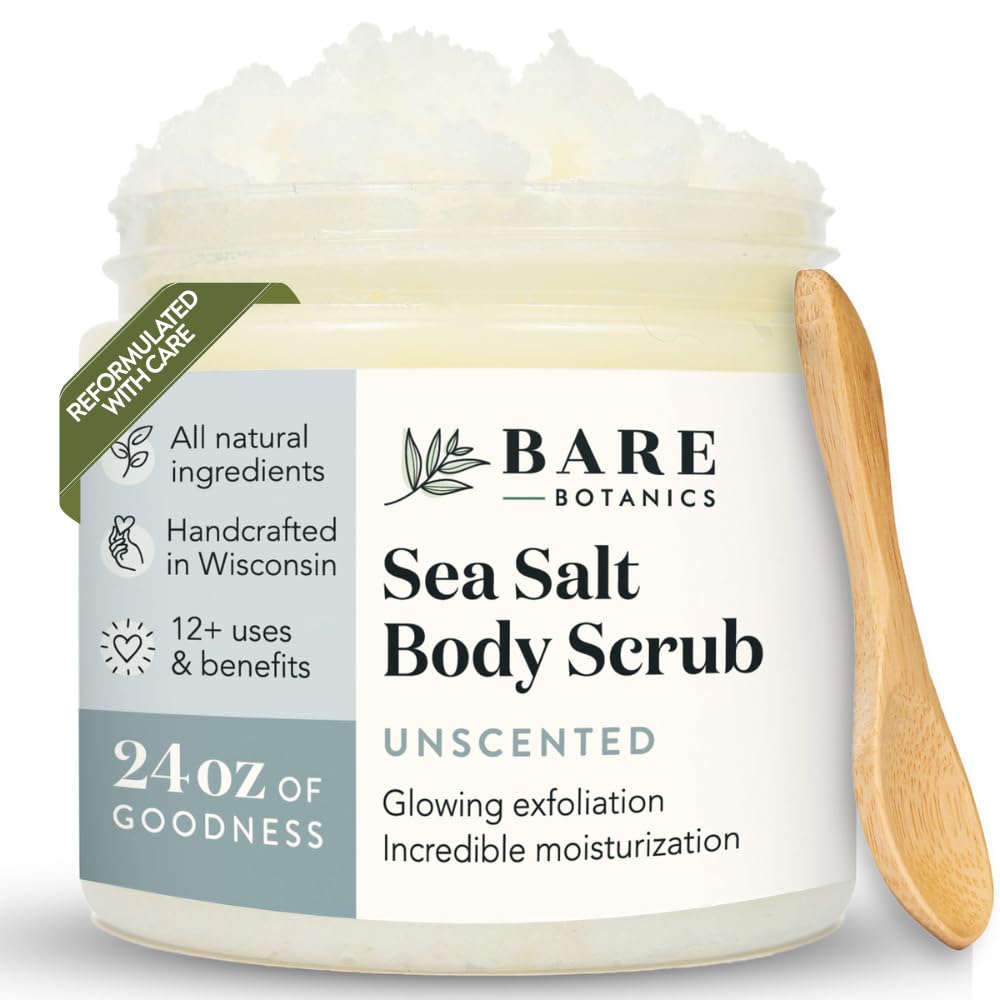 Bare Botanics Unscented Exfoliating Body Scrub 24oz | Made in USA | All Natural Sea Salt Scrub w/Skin Loving Moisturizers | Vegan & Cruelty Free | Ready to Gift w/a Cute Wooden Spoon