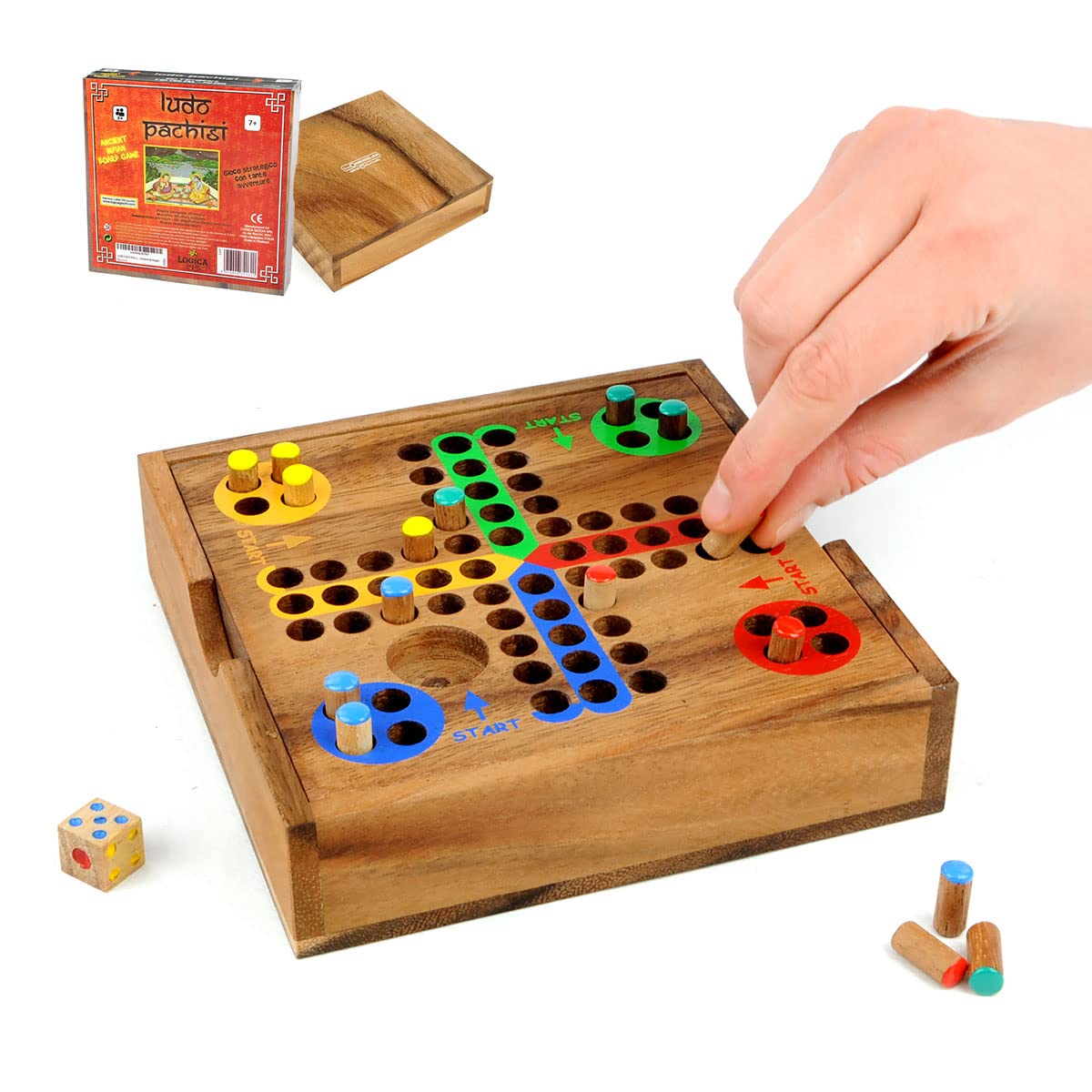 Logica Puzzles Art. Ludo - Pachisi S - Pocket Board Game - Wooden Board Game in Teak Wood - Travel Version