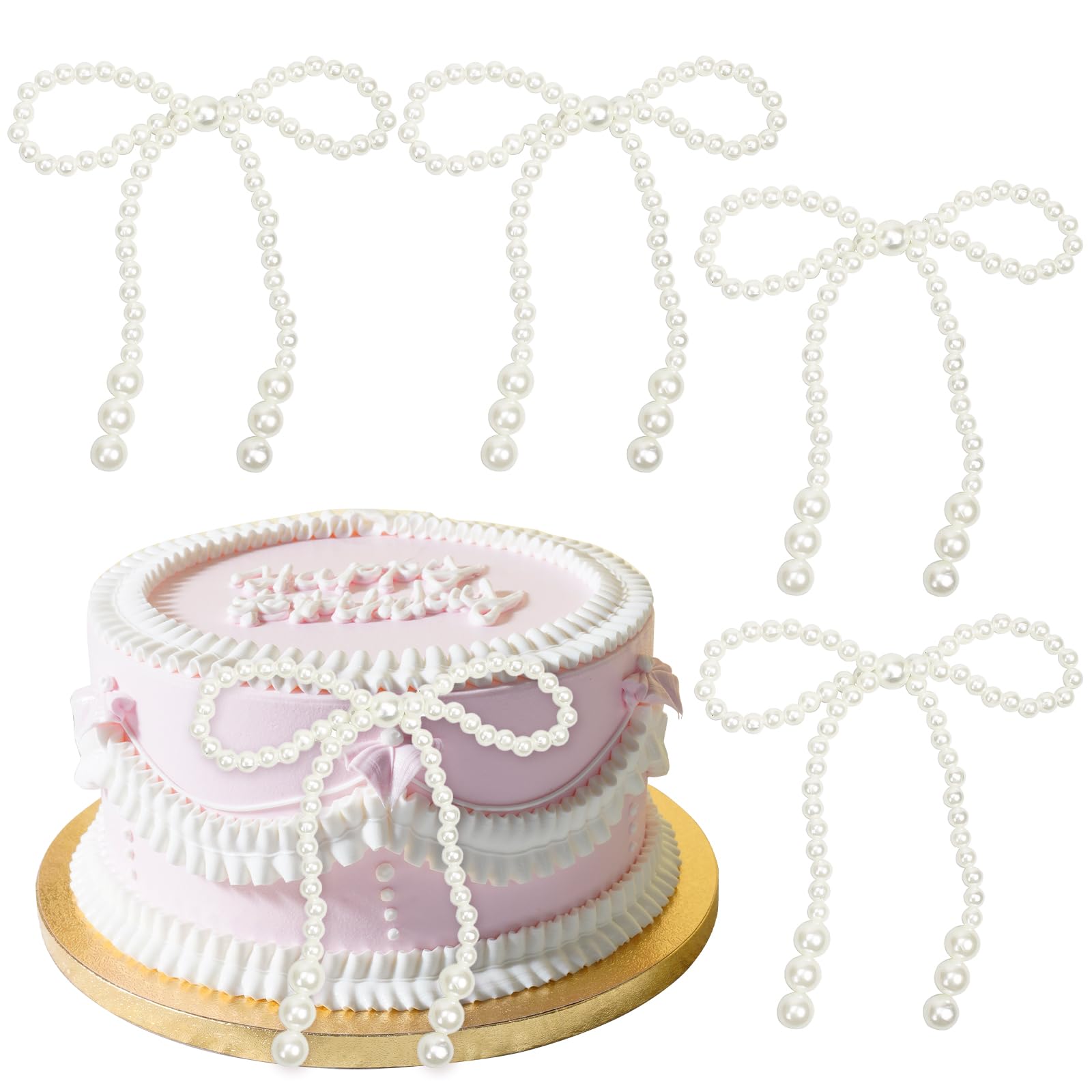 Photo 1 of 12Pcs Pearl Bow Cake Topper Bow Dots Cake Decorations,Bowknot Pearl Bows Cupcake Toppers for Valentines Day Themed Birthday Party Decorations Wedding Party Cake Decoration Supplies