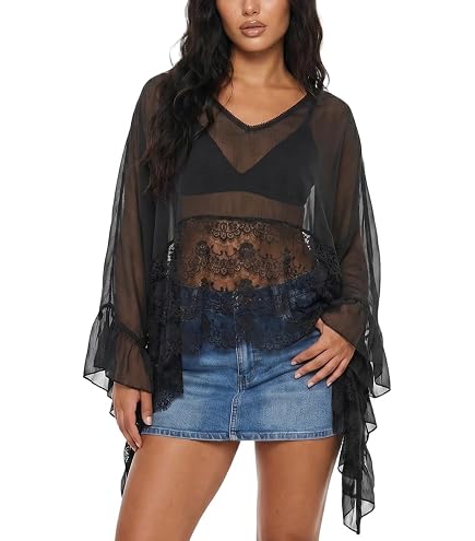 SOLY HUX Women's Floral Lace Sheer Fringe Tops Dark Blue | Short