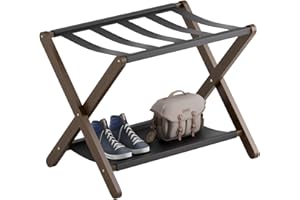 VOVALA Luggage Rack, Folding Suitcase Stand with Storage Shelf, Premium Bamboo Luggage Holder for Guest Room, Bedroom, Hotel,