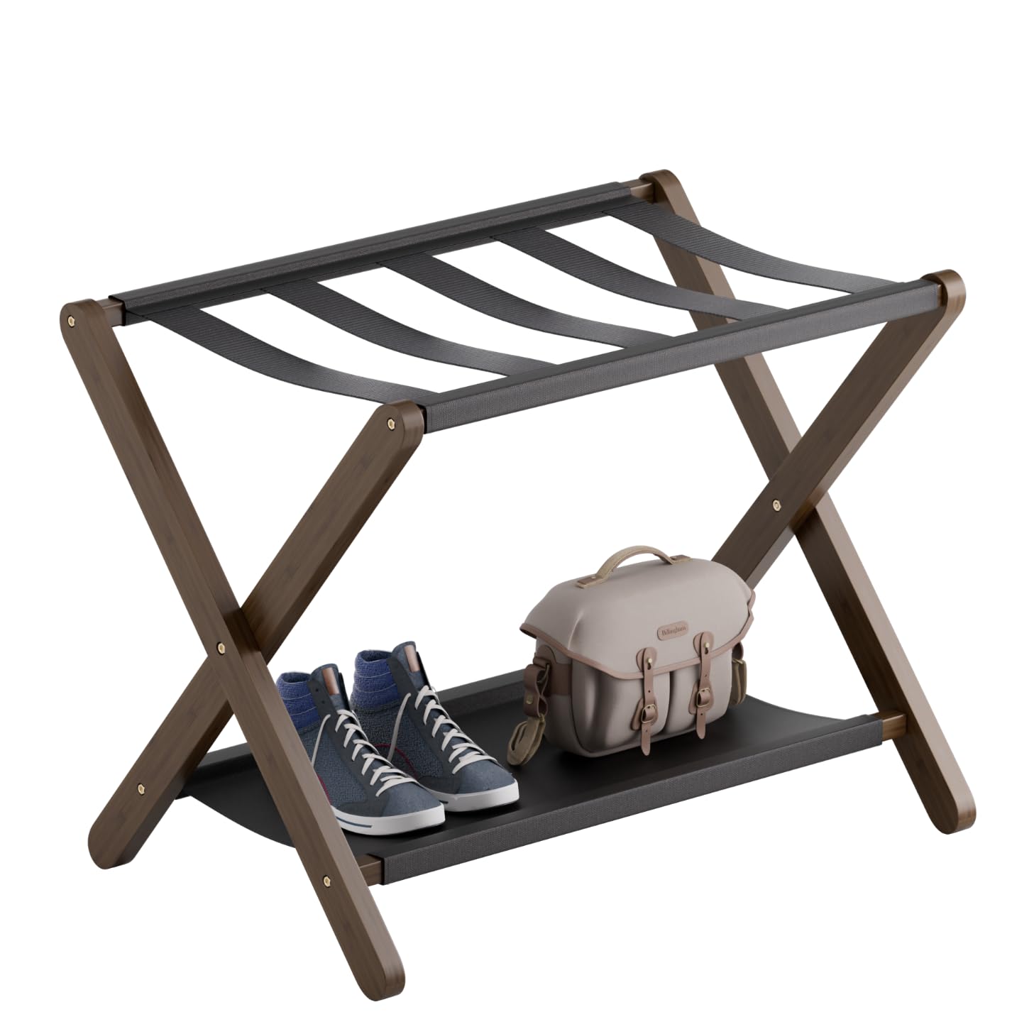 vovala Luggage Rack, Folding Suitcase Stand with Storage Shelf, Premium Bamboo Luggage Holder for Guest Room, Bedroom, Hotel, Closet, Holds up to 61 kg (Walnut)