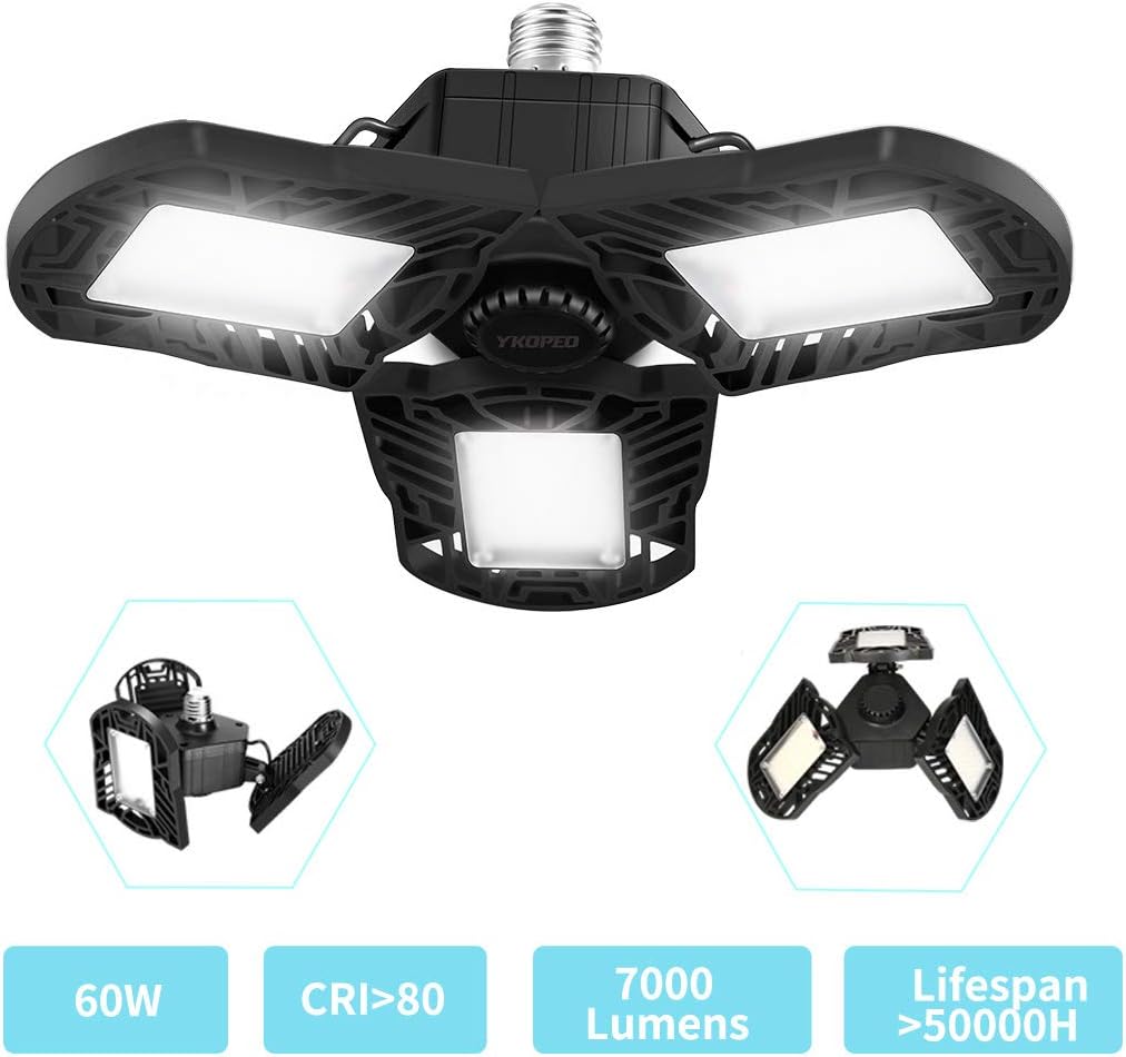 Ykopeo Garage Lights Ceiling Led Deformable Garage Light 60w With 3 Adjustable Panels Led Bulb E26 7000lm Super Bright Commercial Bay Lighting For