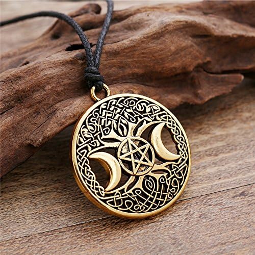HANDMADE JEWELLERY - Stainless Steel Viking Triple Moon Goddess Wicca Pentagram Magic Amulet Necklace Women tree of life moon necklaces pendants (gold)