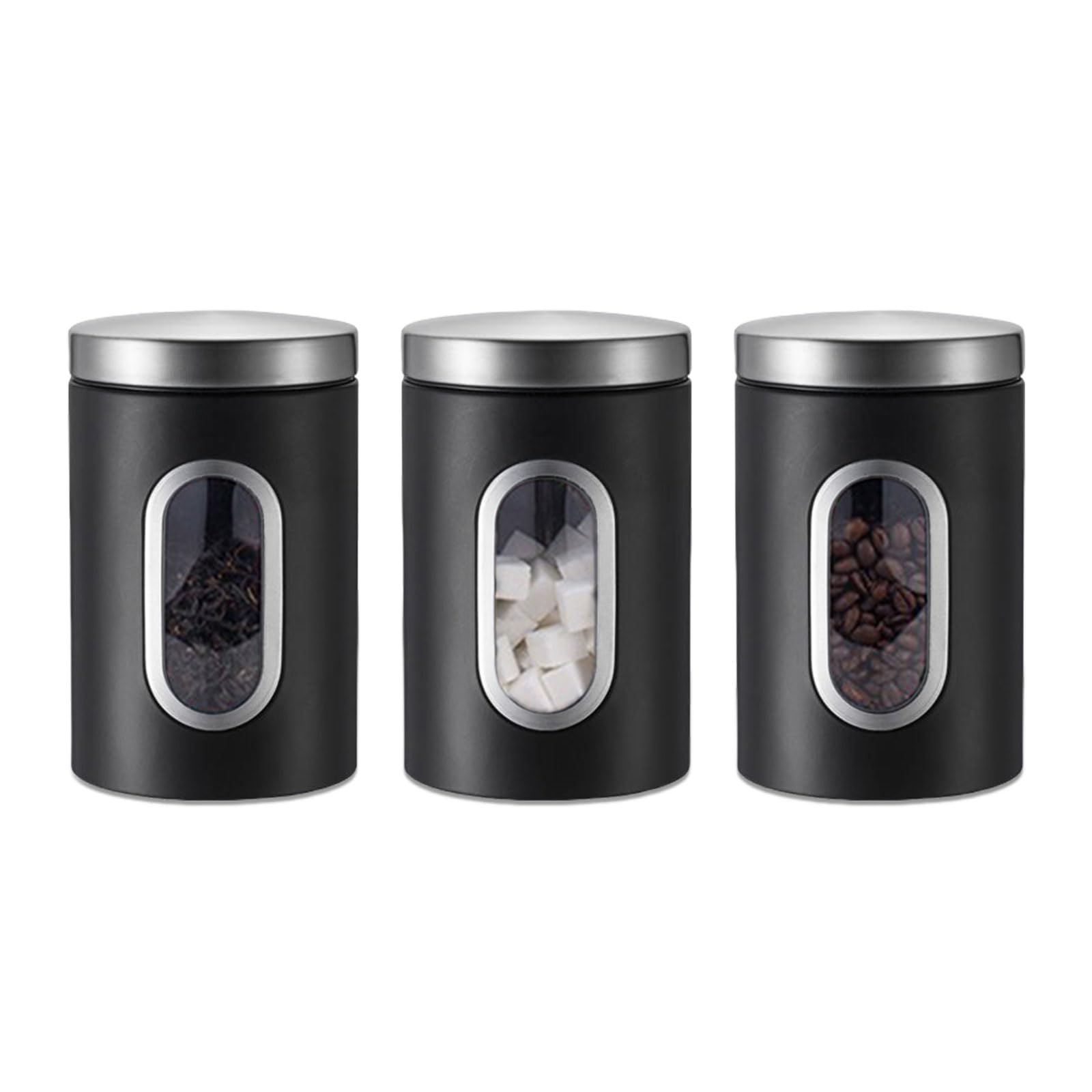 kiss me 3 Pcs Kitchen Canister Set, Stainless Steel Food Storage Jar With Visable Window Coffee Tea Sugar Caddy Container For Home, Kitchen, Counter (Black)