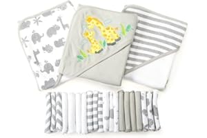 Spasilk Bath Hooded Towels & Washcloths Set for Babies, 23-Piece Gift Set, Grey, (Gift GBA23 0501)