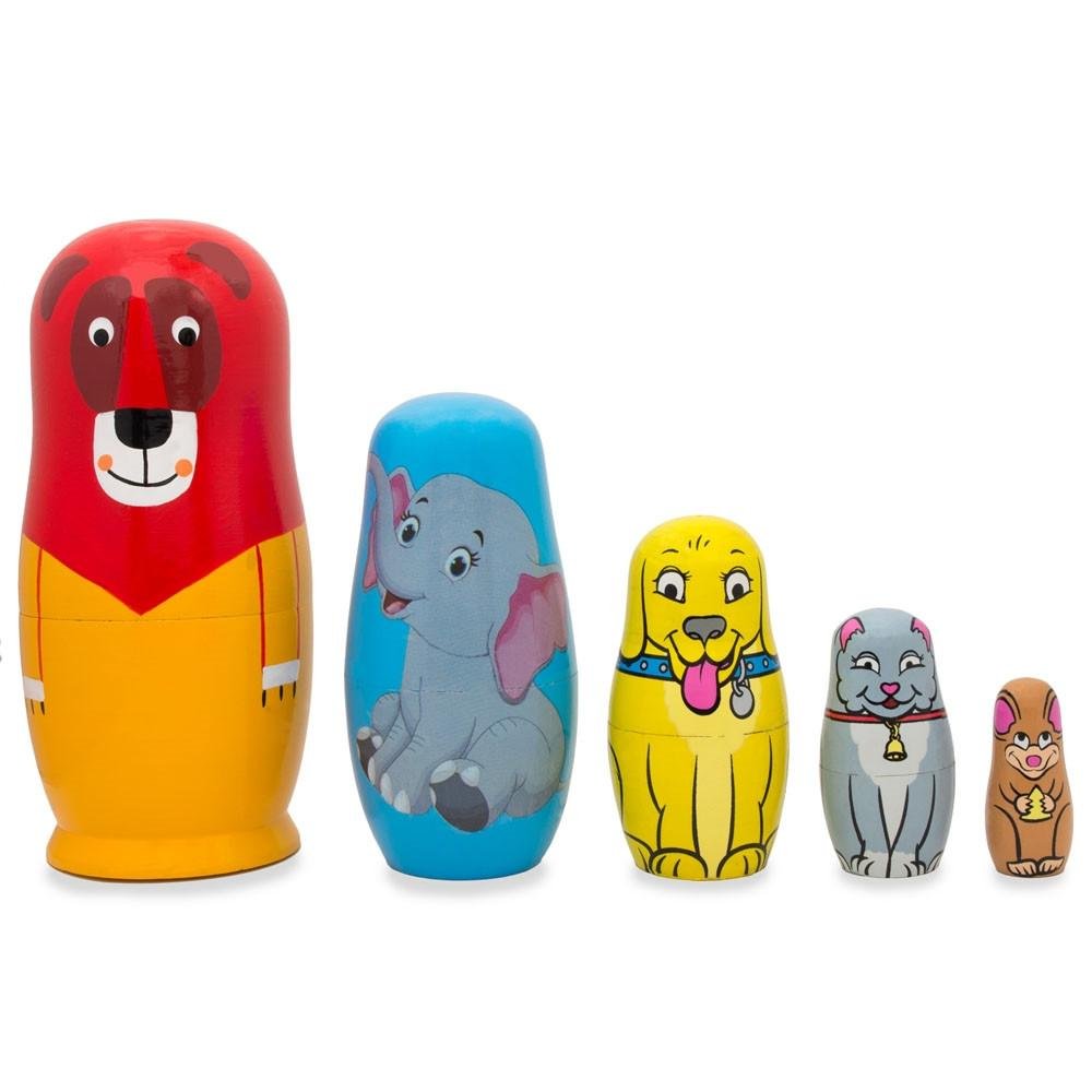 BestPysanky5 Animals Lion, Elephant, Dog & Cat Wooden Nesting Dolls 5.75 Inches