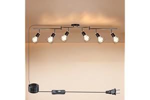HiBay Plug in Track Lighting, 6-Light Rotatable Ceiling Light Fixture Black, Industrial Plug-in Track Lights with 16.4Ft Power Cord and in-Line On/Off Rocker Switch for Kitchen Living Room Office