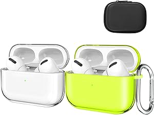 Valkit Compatible AirPods Pro Case Cover, Clear Airpod Protective Soft TPU Case with Keychain Shockproof Cover Case for Apple Airpods Pro Charging Case [Front LED Visible]-2 Pack(Clear+Yellow)