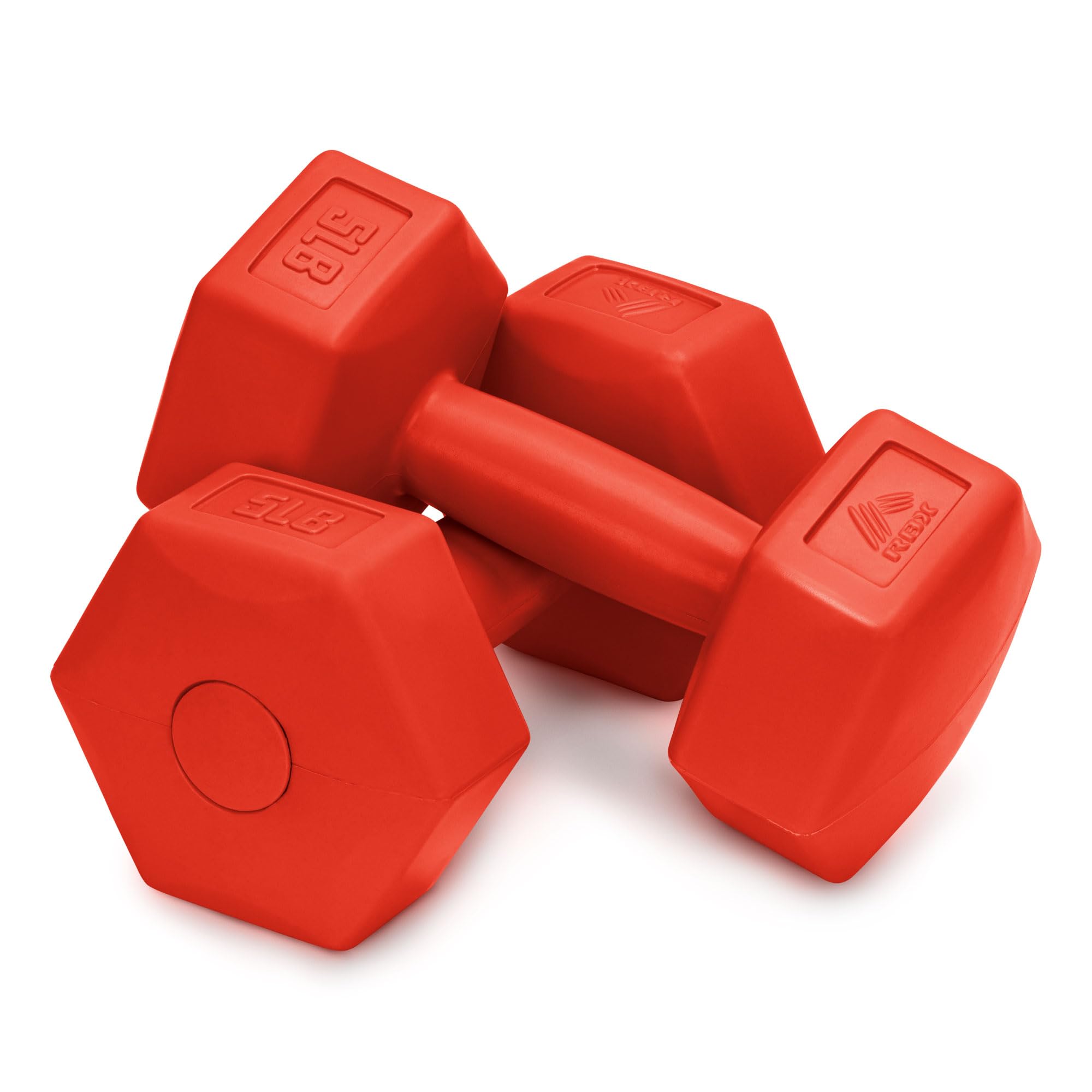 Photo 1 of **2 pack of a set of 2 (4 dumbells total)**  RBX 5LB Hexagonal Dumbbell Set, Roll-Proof Vinyl-Coated Weights, Easy Grip, Ideal for Upper Body Toning, Travel Friendly, Great for All Fitness Levels Red