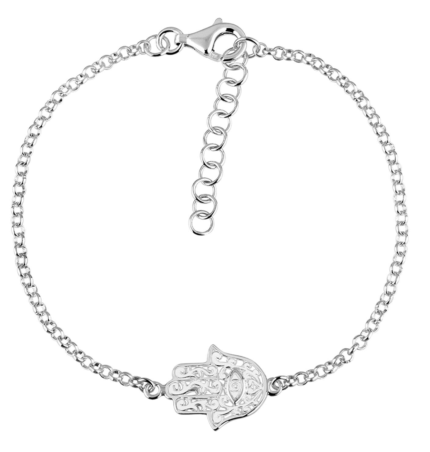 Nenalina Women's Bracelet 2 mm with Hamsa Hand, Length 18 + 3 cm Extension, Handmade from 925 Sterling Silver, 331093