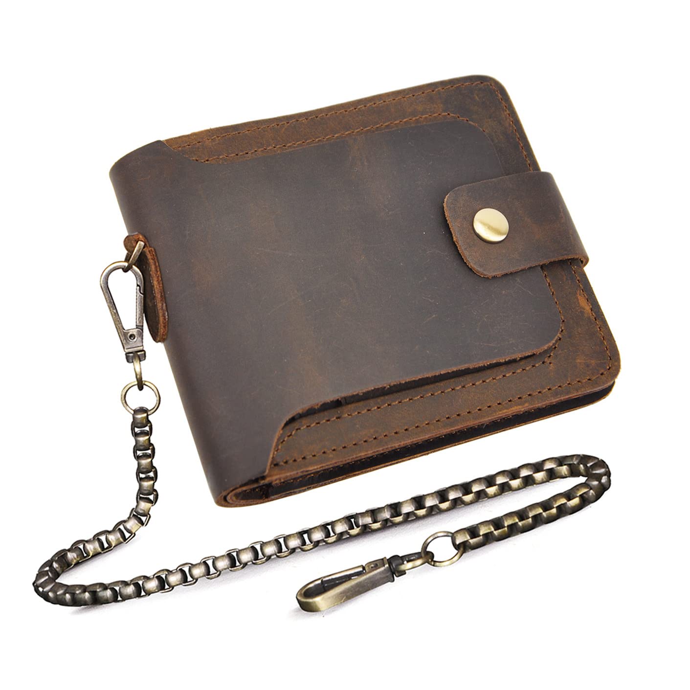 Le'aokuu Men's Genuine Real Leather Bifold Horizontal Standard Snap Chain Wallet Purse 406 (Brown)