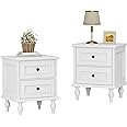 Scurrty Antique Style End Table with 2 Drawers, Taller Nightstand for Bedroom, Side Table for Bedroom,Nightstand Set of 2(Double White
