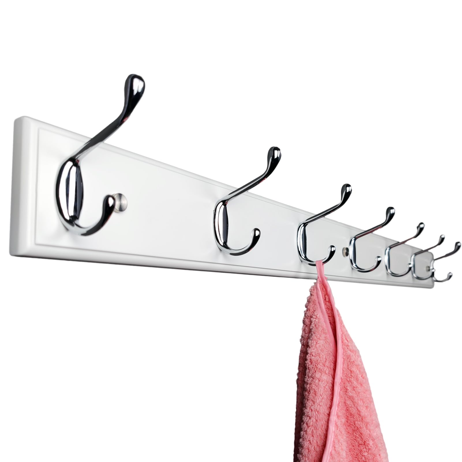 lomejii Long Wooden Wall Coat Rack White Wood 7 Silver Hooks, 90 cm, Strong Wall Coat Hook Rail for Coat, Hat, Bag, Large Modern Coat Rack for Entrance, Hallway, Bedroom