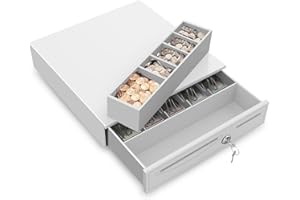 Flexzion Cash Drawer for Small Businesses - Gray, 16-inch Metal Cash Register with Electronic RJ-11 Point of Sale (POS) Connection, 5 Bill 5 Coin Slots - Compatible with Star, Epson, Citizen Printers