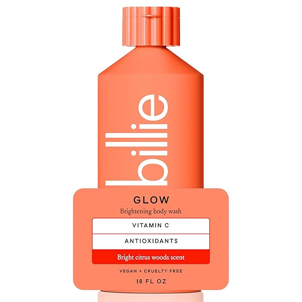 BILLIE GLOW BRIGHTENING WOMENS BODY WASH, 18 FL OZ, BRIGHT CITRUS WOODS SCENT, VEGAN, CRUELTY FREE