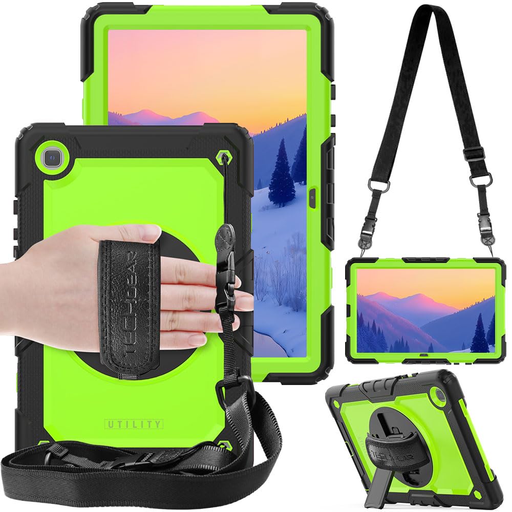 TECHGEAR UTILITY Case fits Samsung Galaxy Tab A7 10.4" (SM-T500 / T503 / T505 / T509) Tough Rugged HEAVY DUTY Armour Shockproof Impact Case with 360 Rotating Stand, Hand & Shoulder Strap - Green