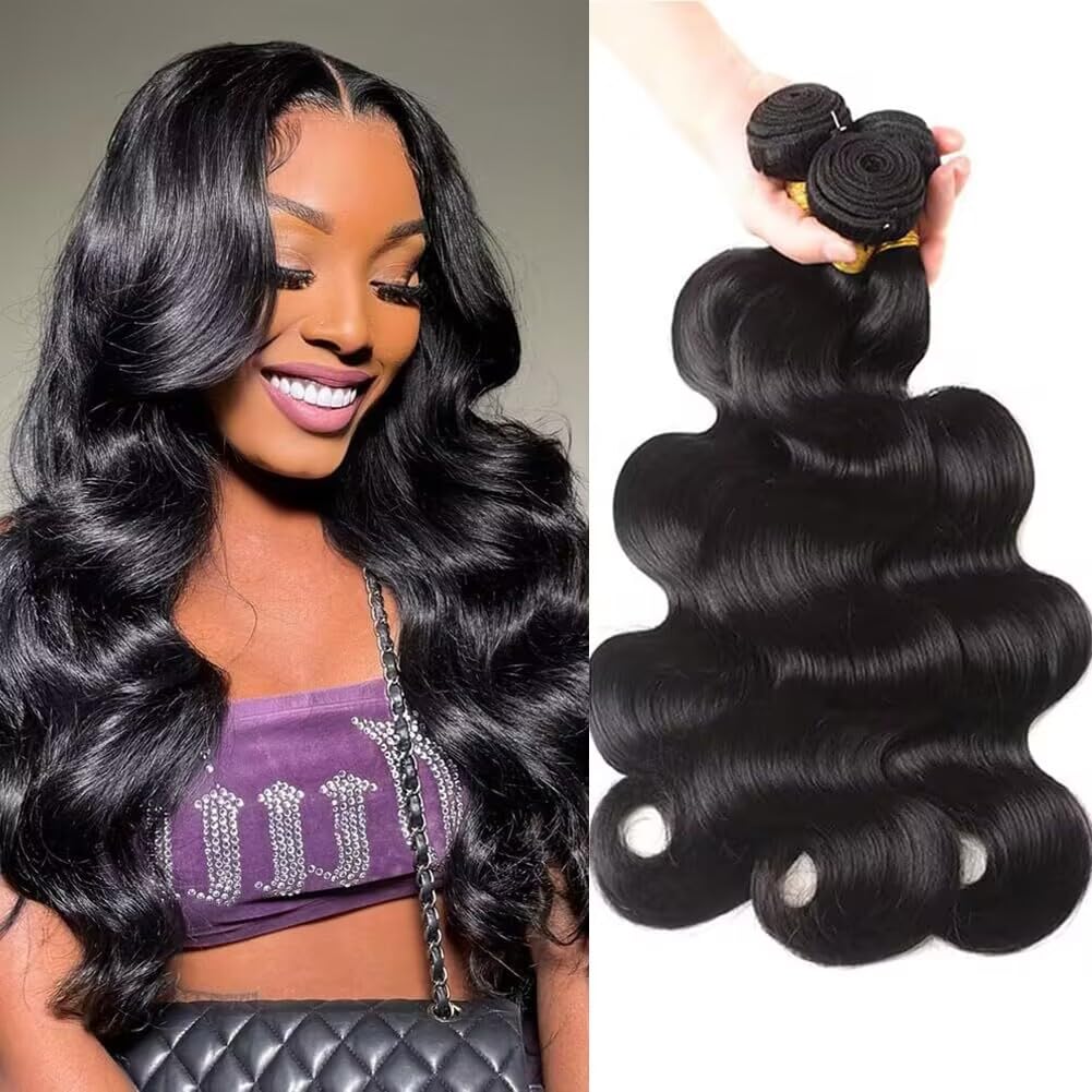 Brazilian Virgin Body Wave Human Hair Bundles 100% Unprocessed Body Wave Human Hair 3 Bundles Double Weft Human Hair Weave Body Wave Natural Black Color(14 16 18inch/new) — image 1