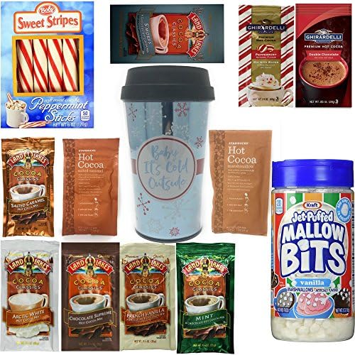 Ultimate Hot Cocoa Variety (13) Pack, Includes Star Bucks, Ghirardelli, Land O Lakes, Kraft Jet Puffed Marshmallow Bits, Sweet Bobs Peppermint Sticks and BPA Free Drinking Mug, Perfect Gift