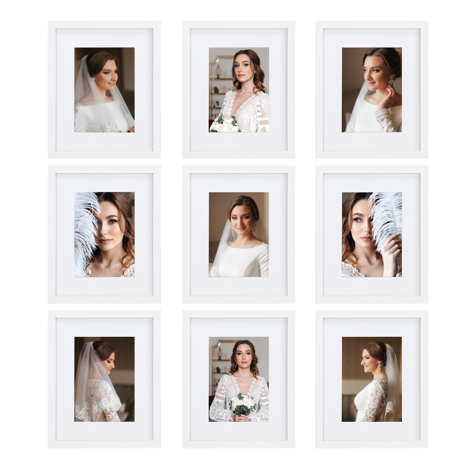 Photo 1 of BSRHOME 8x10 Picture Frame Set of 9, Display Pictures 5x7 with Mat or 8x10 without Mat, Multi Collage Gallery Square Photo Frames for Wall or Tabletop, White