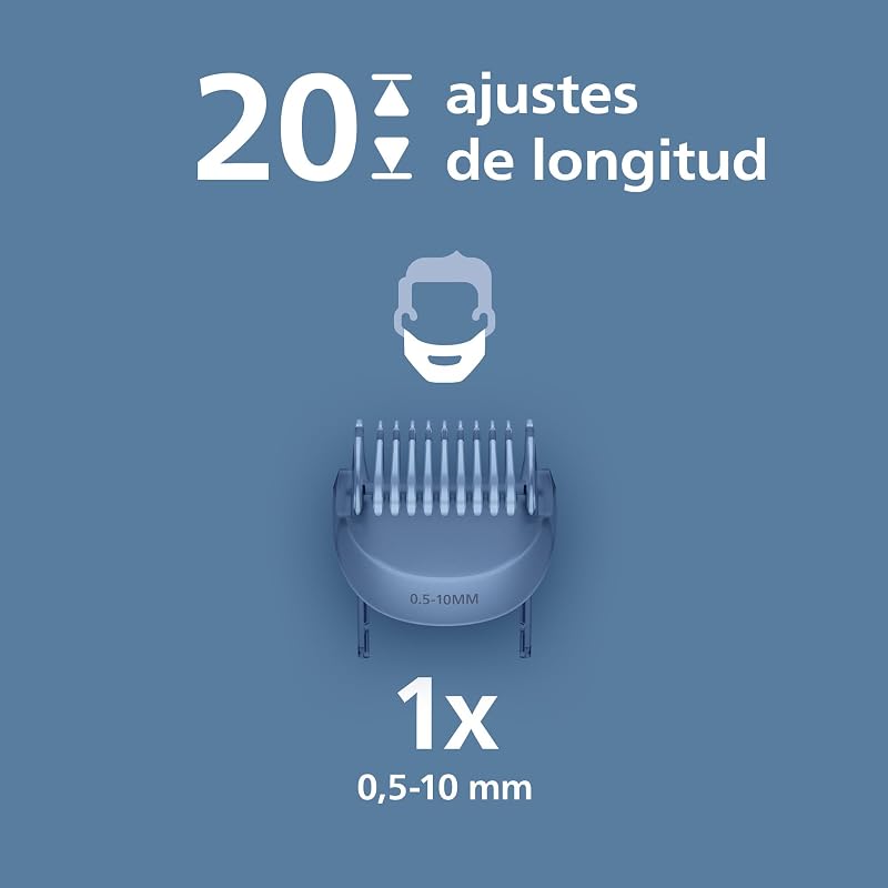 Serie 3000 - Cuchillas con puntas redondeadas, 20 posiciones ajustables, peine-guía, 100% resistente al agua, indicador de batería, carga USB, funda, modelo BT3619/15