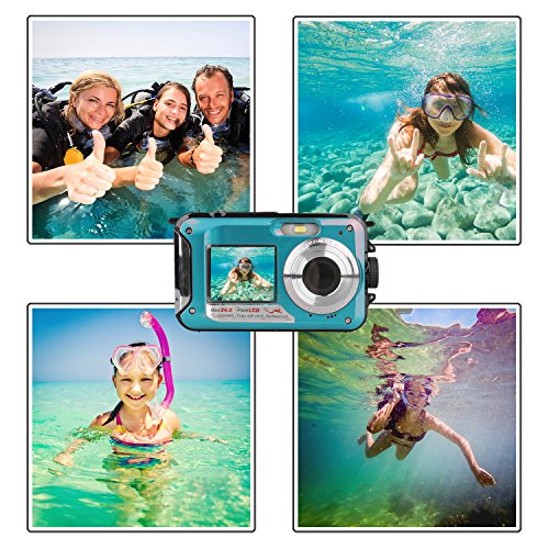Waterproof Point and Shoot Digital Cameras,24MP 1080P Dual Screen Underwater Sports Action Video Recorder Cameras-Blue