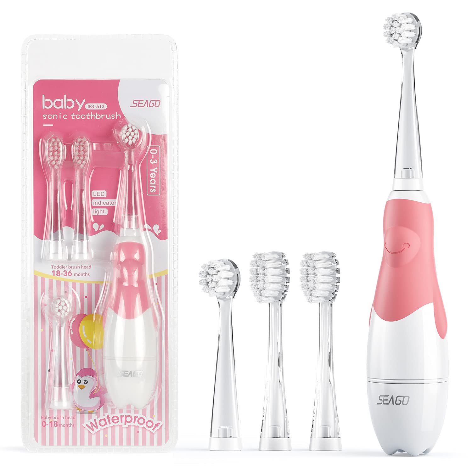 SEAGO SG-513 Pink Children's Sonic Toothbrush, Pink, 1xAAA 1.5V (not Included), 4 Tips
