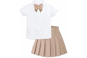 Betusline Girls Skirt Set JK School Uniform 2-Piece Outfit - Short Sleeve Shirt with Bow & Pleated Skirt 6-14 Years