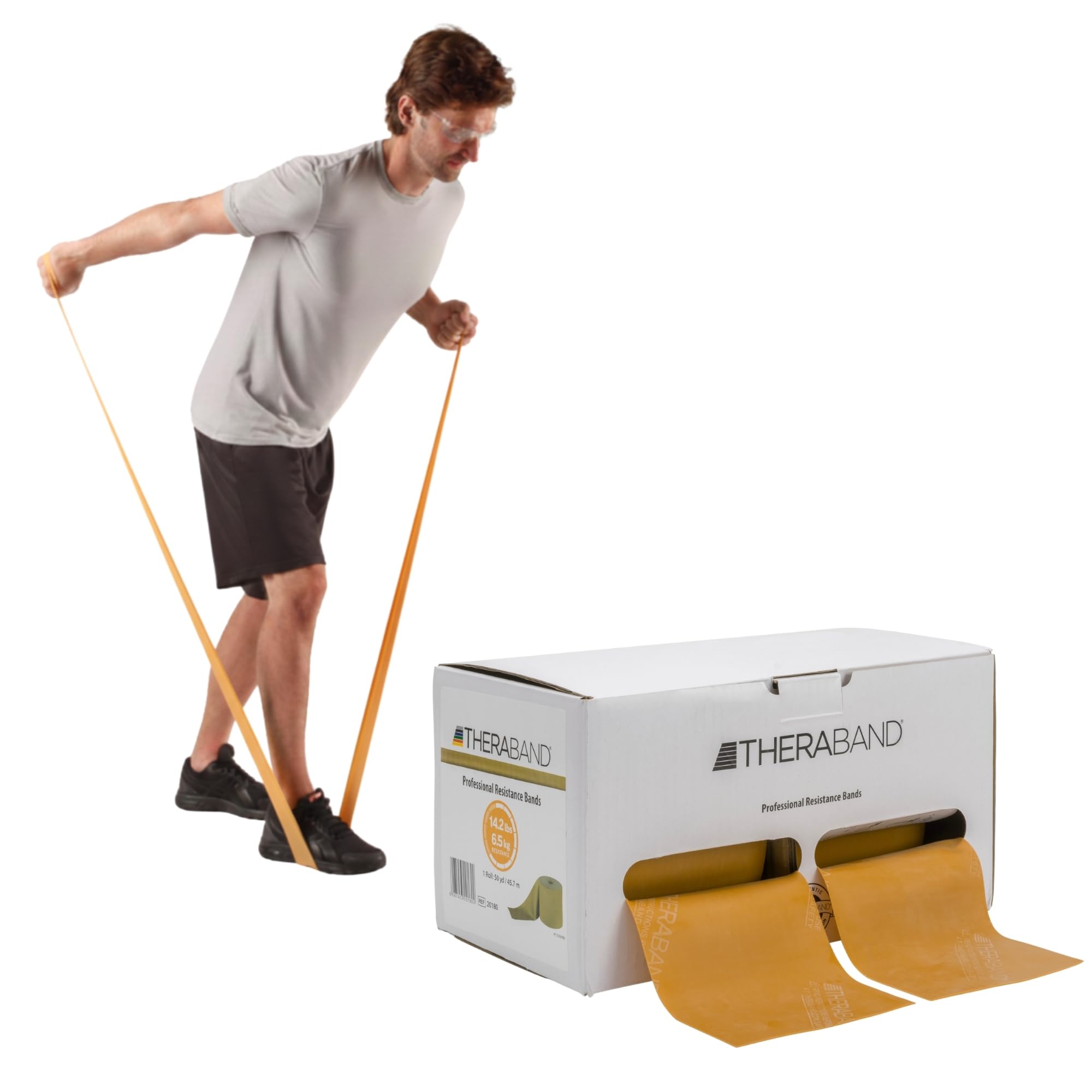 TheraBand Profesional Resistance Band, 45 m, Gold Max Strength Elite Latex Professional Elastic Bands For Upper and Lower Body Exercise, Physical Therapy, Pilates, & Rehab, Dispenser Box, 20180
