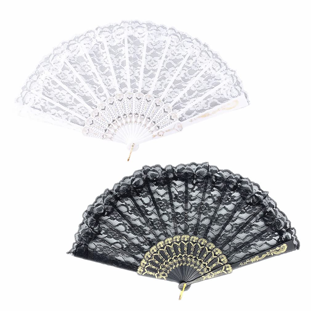 Morices 2 Pcs Lace Folding Hand Fan, Retro Handheld Delicate Hollowed Flower Fans for Dance Performance, Decorative Hand Holding Fans for Wedding Party Gift Wall Hanging Decoration Photo Props