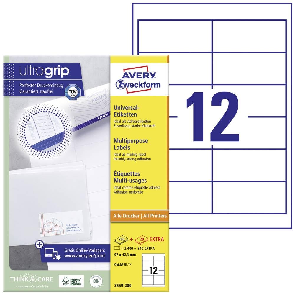 Avery Zweckform 3659-200 Universal Labels 97 x 42.3 mm for Inkjet Laser Copy White