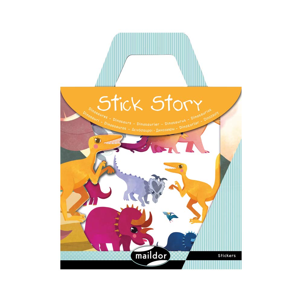 Maildor AF007O - Valisette Stick'story - 2 DECORS 42x14 cm + 4 sheets repositionable STICKERS - DINOSAURS (41 stickers) - Children's Creative Leisure Activity