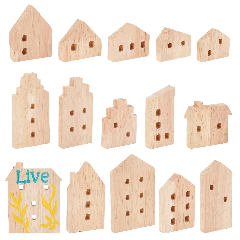 OLYCRAFT 15 Pcs Unfinished Wooden House Shaped Blocks - 15 Styles for Home Decor